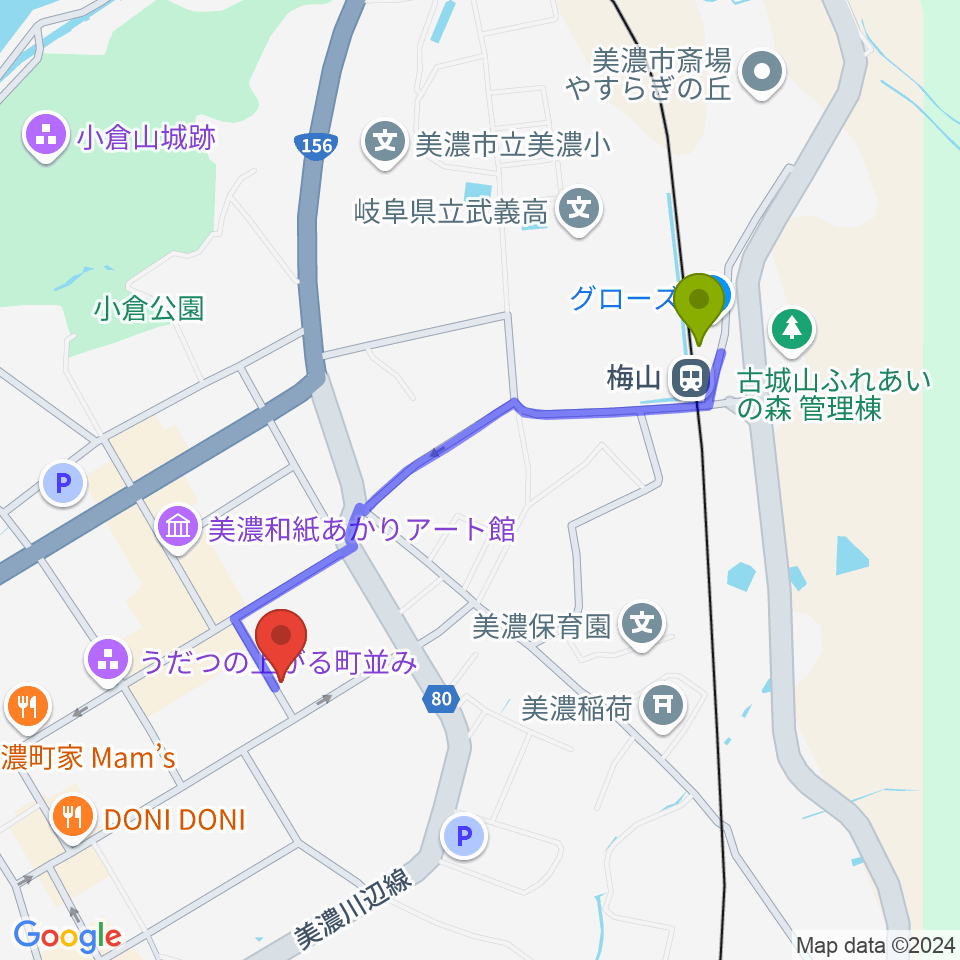 WOODYBLUESの最寄駅梅山駅からの徒歩ルート（約9分）地図