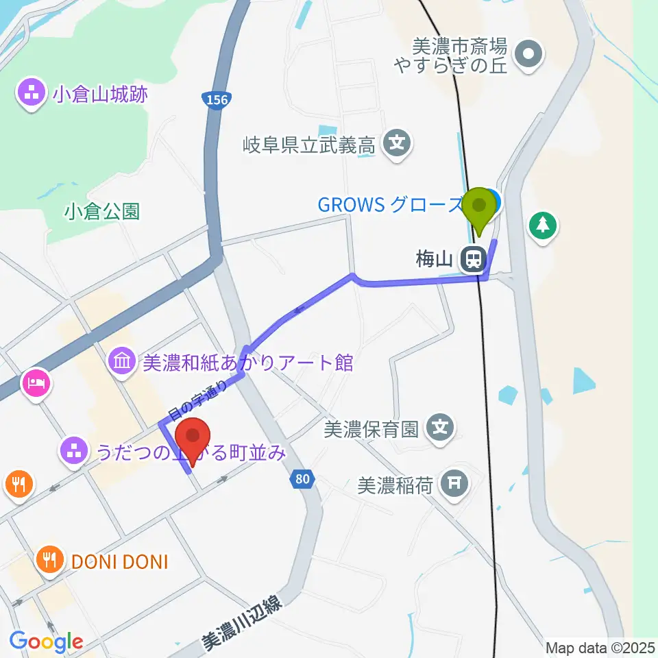 WoodyBluesの最寄駅梅山駅からの徒歩ルート（約9分）地図