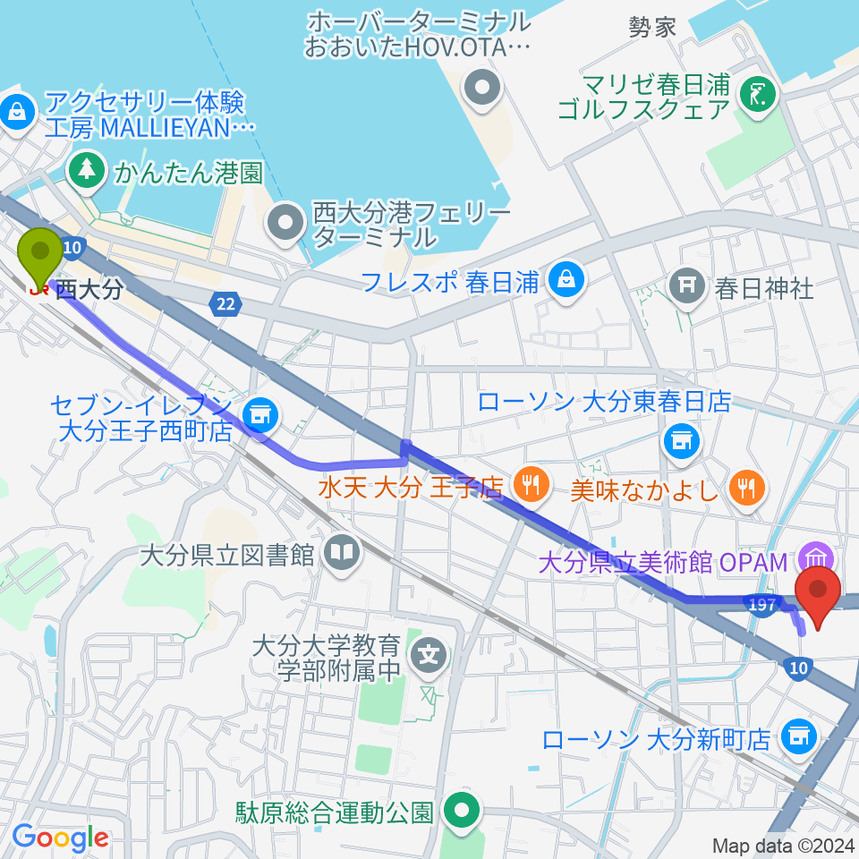 西大分駅からいいちこ総合文化センター練習室へのルートマップ地図