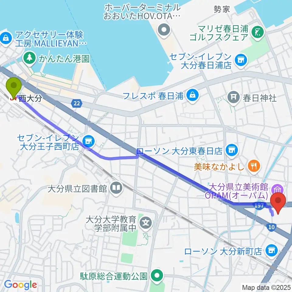 西大分駅からいいちこ総合文化センター練習室へのルートマップ地図