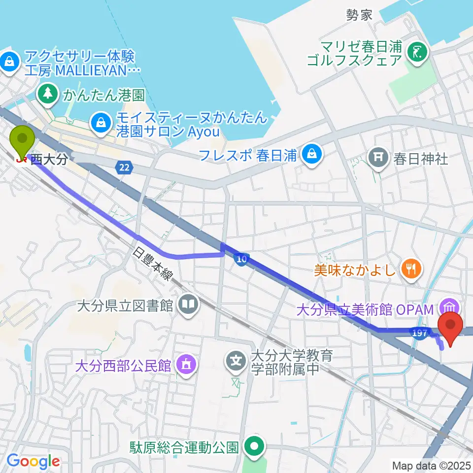 西大分駅からいいちこ総合文化センター練習室へのルートマップ地図