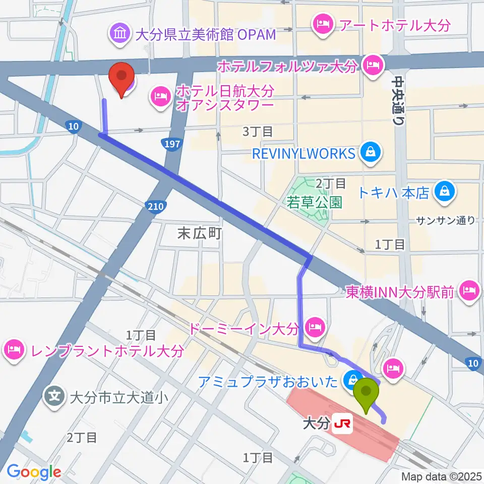 いいちこ総合文化センター練習室の最寄駅大分駅からの徒歩ルート（約13分）地図