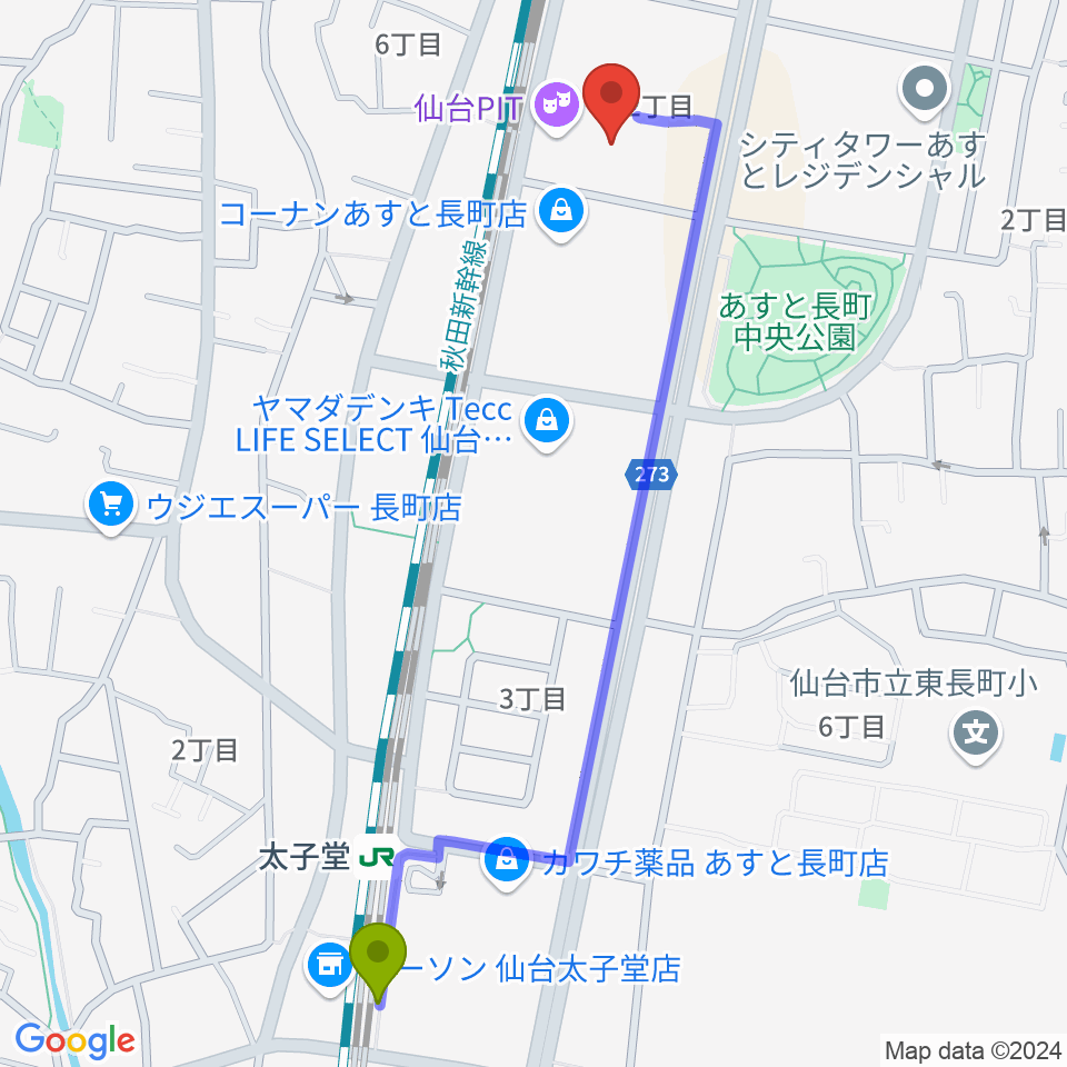 太子堂駅から仙台PITへのルートマップ地図