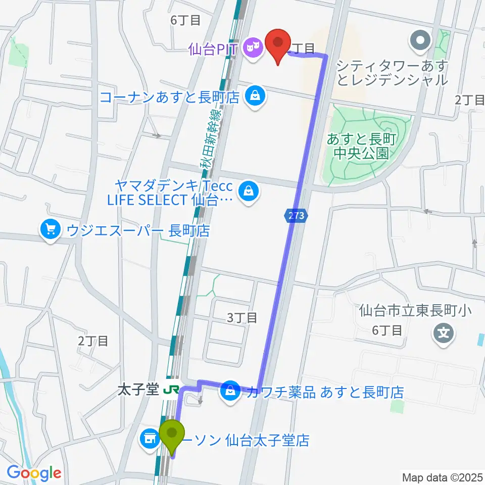 太子堂駅から仙台PITへのルートマップ地図