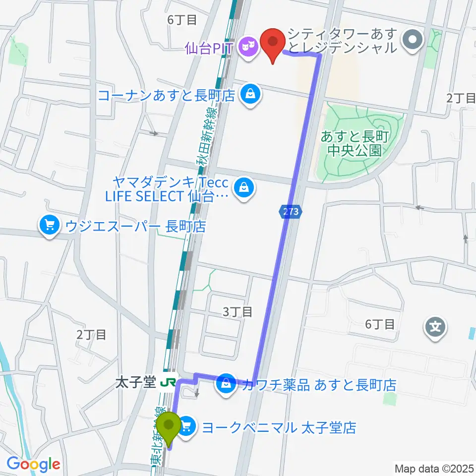太子堂駅から仙台PITへのルートマップ地図