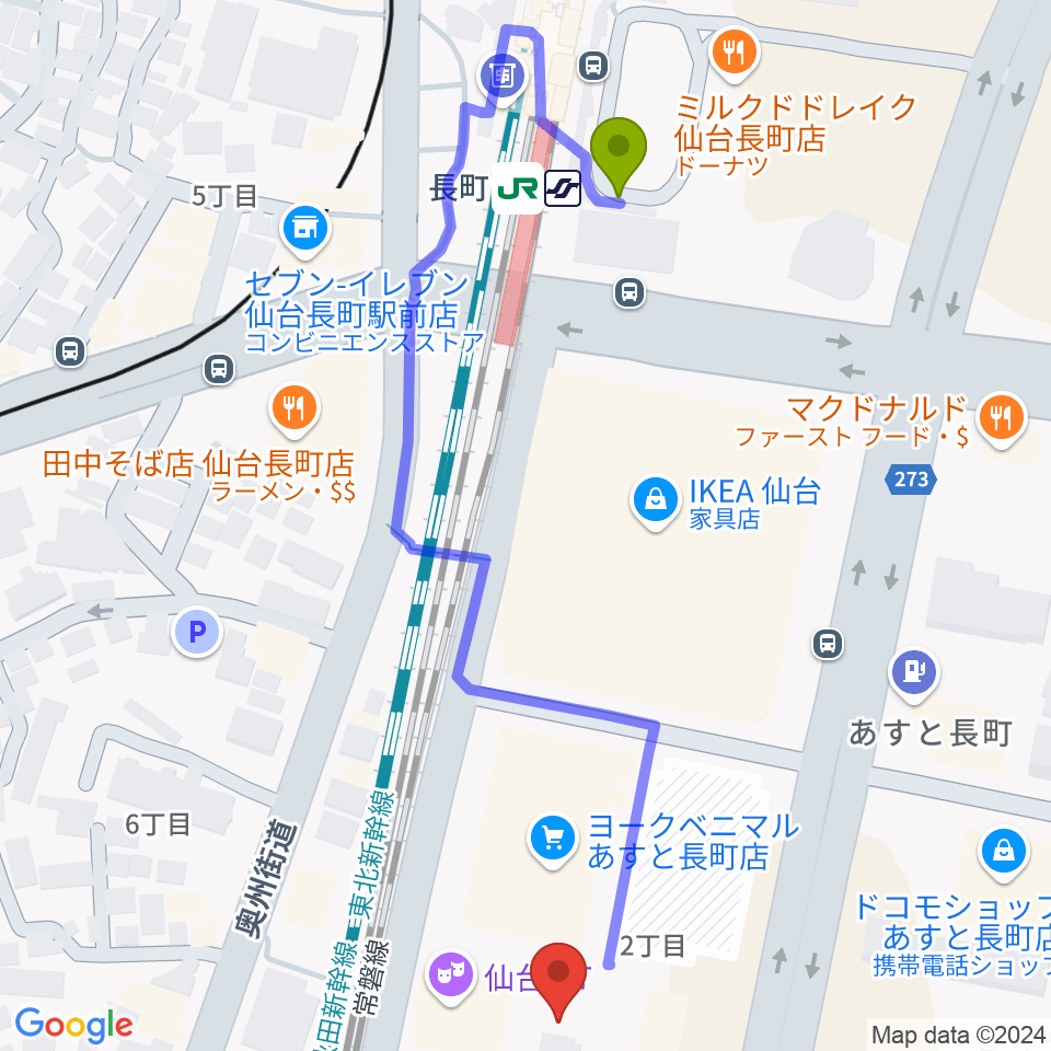 仙台PITの最寄駅長町駅からの徒歩ルート（約6分）地図