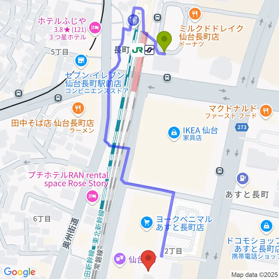 仙台PITの最寄駅長町駅からの徒歩ルート（約6分）地図