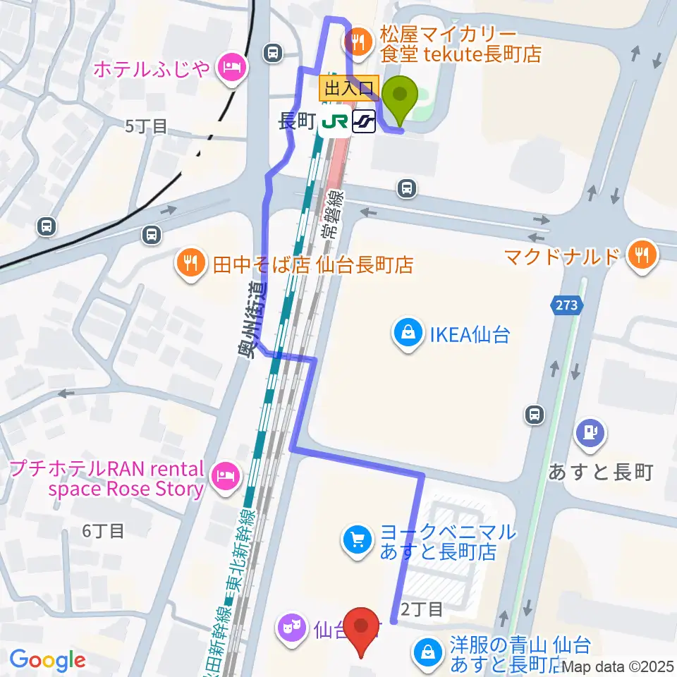 仙台PITの最寄駅長町駅からの徒歩ルート（約6分）地図
