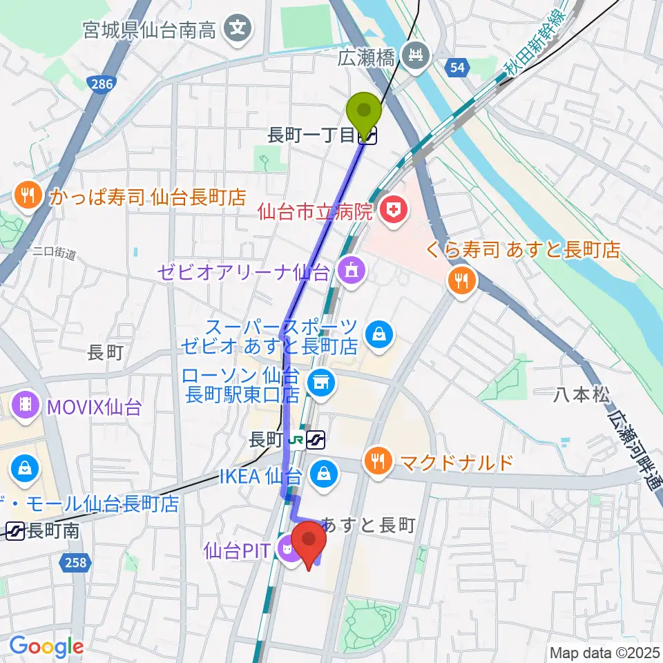長町一丁目駅から仙台PITへのルートマップ地図