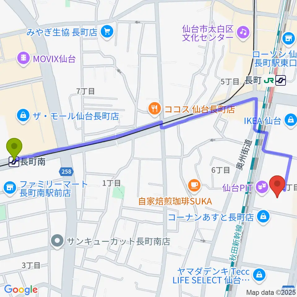 長町南駅から仙台PITへのルートマップ地図