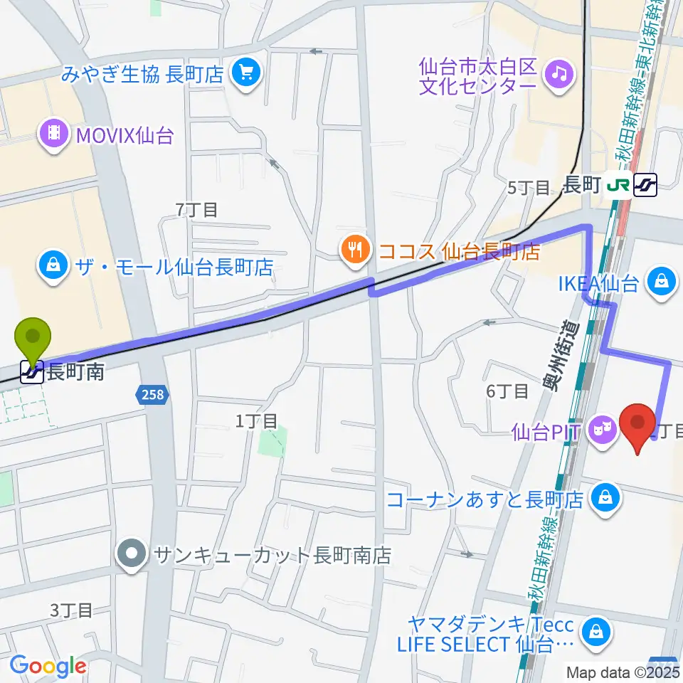 長町南駅から仙台PITへのルートマップ地図