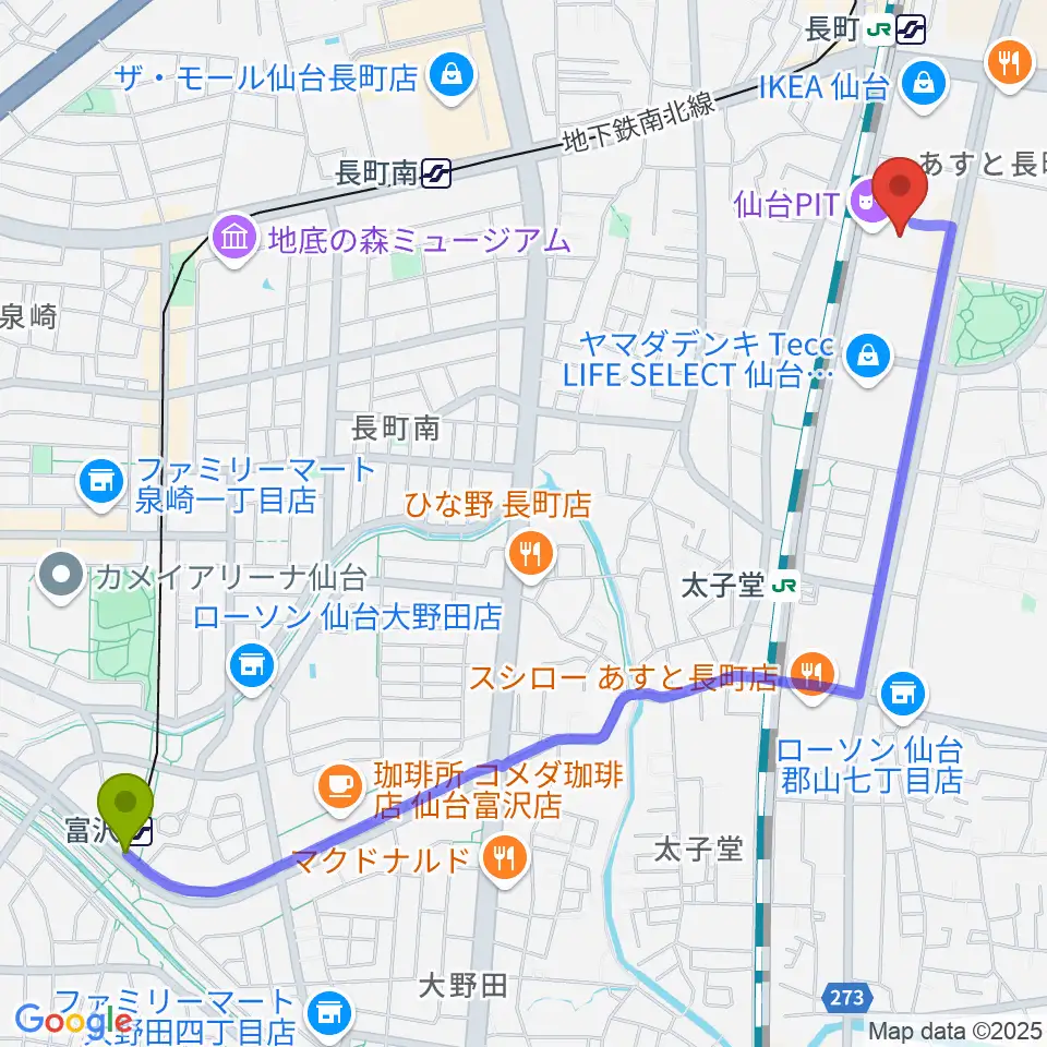 富沢駅から仙台PITへのルートマップ地図