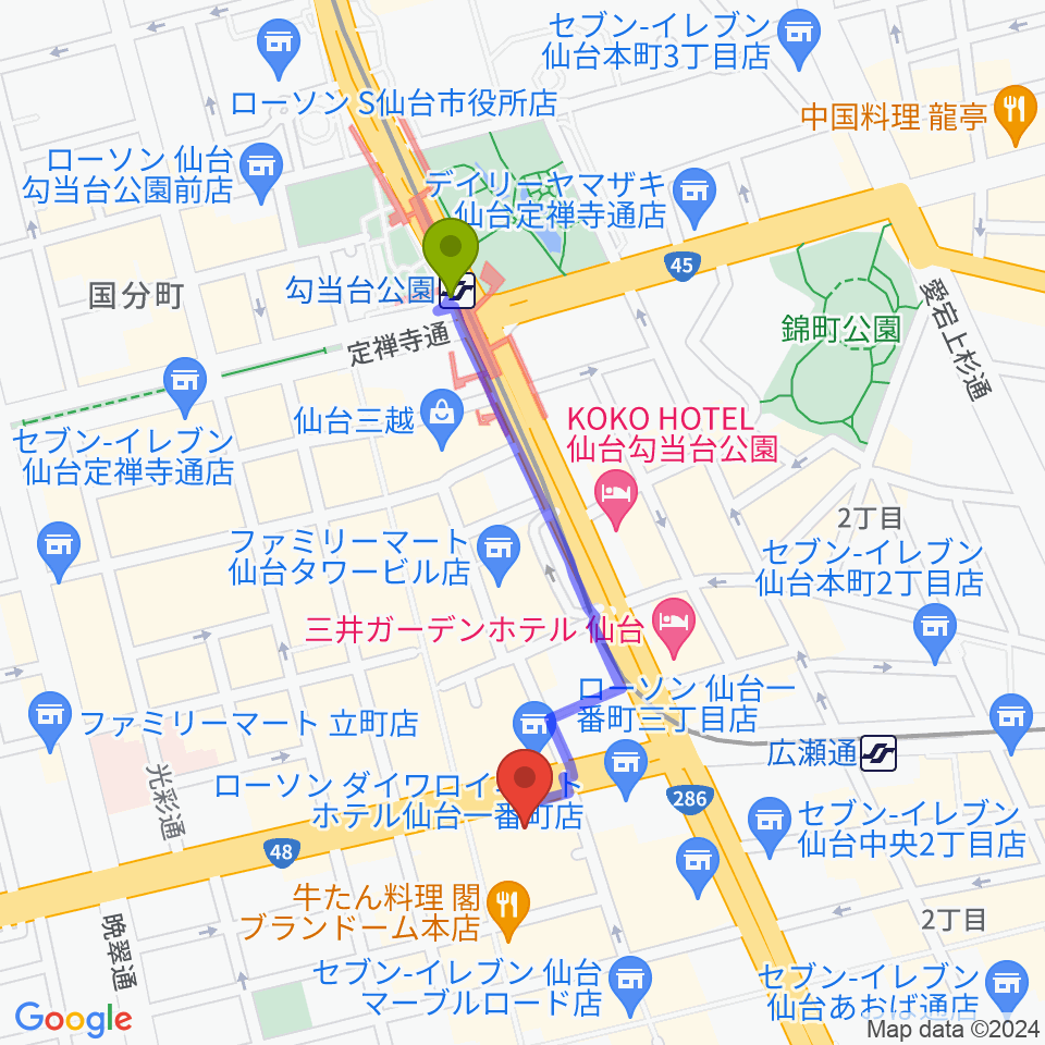 勾当台公園駅から仙台クラブジャンクボックス[仙台フォーラスB2]へのルートマップ地図