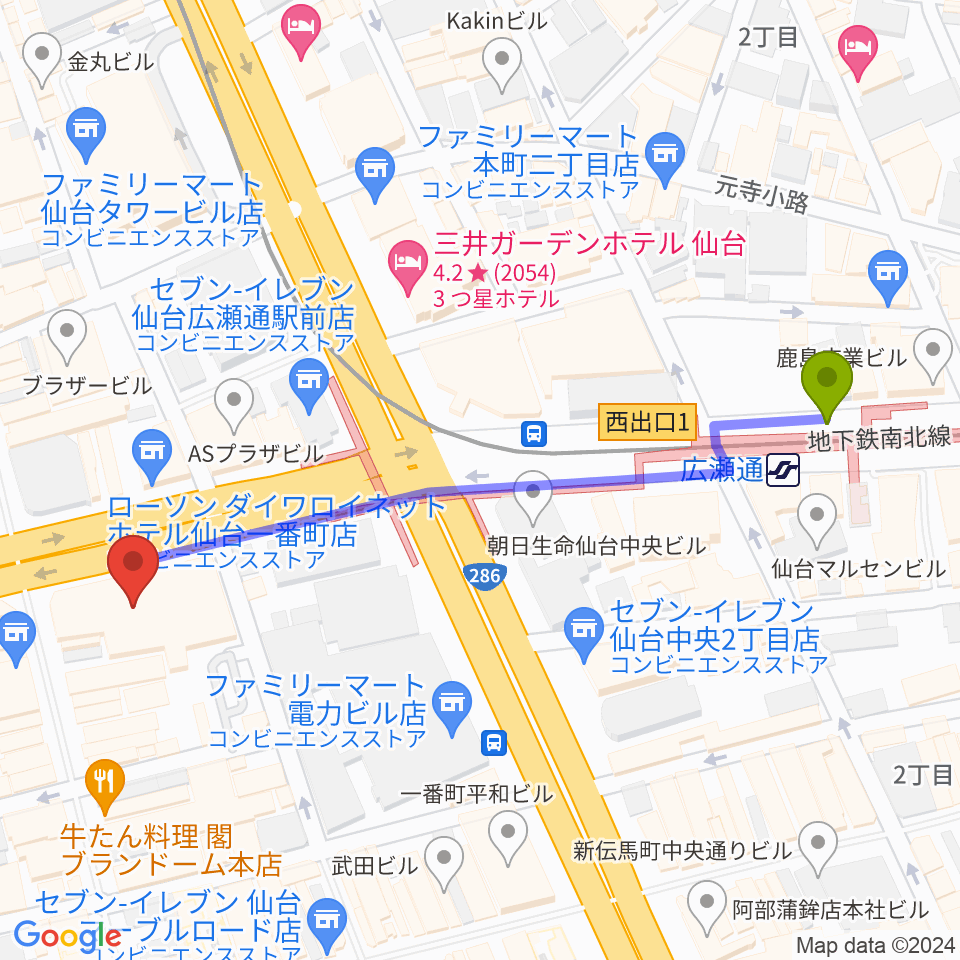 広瀬通駅から仙台クラブジャンクボックス[仙台フォーラスB2]へのルートマップ地図