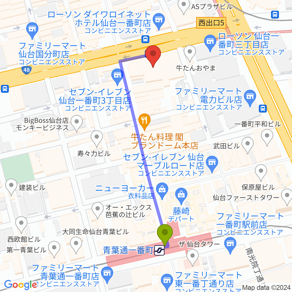仙台クラブジャンクボックス[仙台フォーラスB2]の最寄駅青葉通一番町駅からの徒歩ルート（約5分）地図