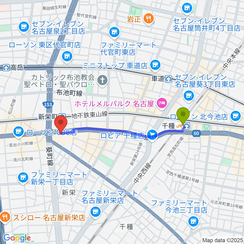 千種駅から名古屋スペードボックス・ハートランドへのルートマップ地図