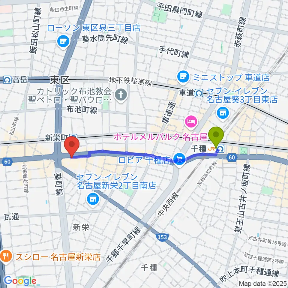 千種駅から名古屋スペードボックス・ハートランドへのルートマップ地図