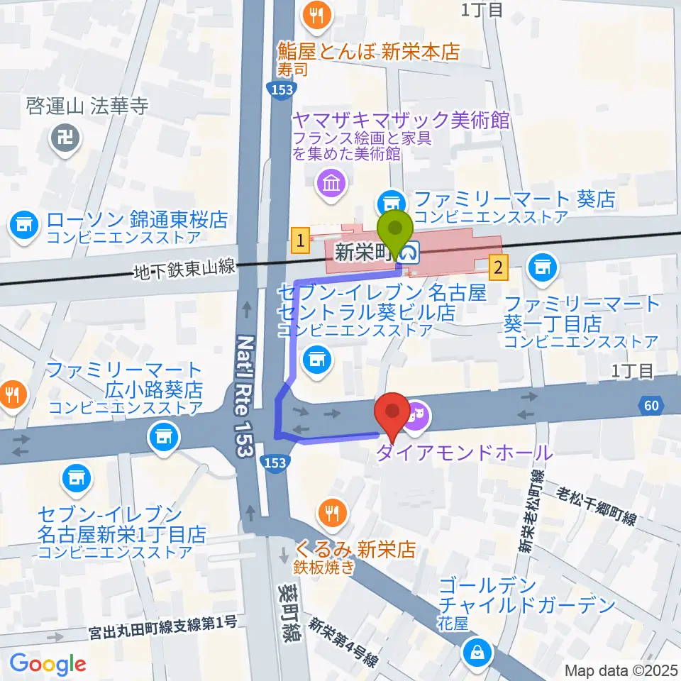 名古屋スペードボックス・ハートランドの最寄駅新栄町駅からの徒歩ルート（約2分）地図