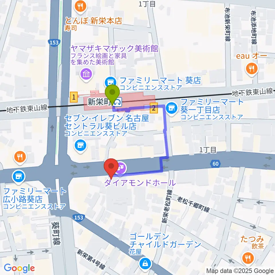名古屋スペードボックス・ハートランドの最寄駅新栄町駅からの徒歩ルート（約2分）地図