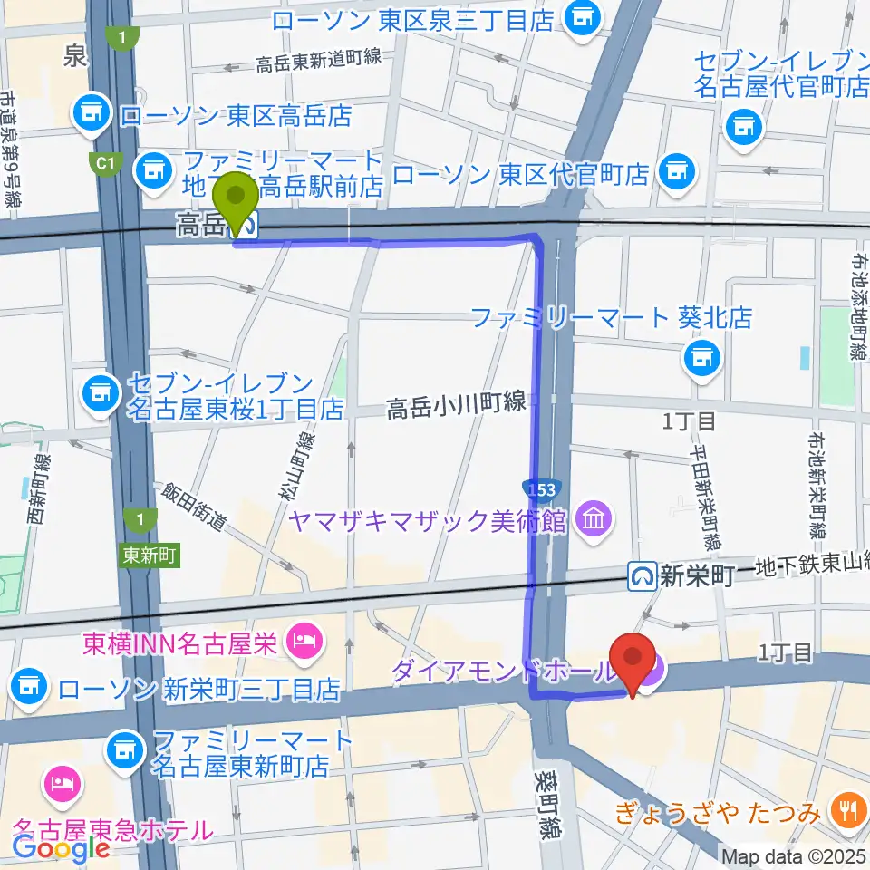 高岳駅から名古屋スペードボックス・ハートランドへのルートマップ地図