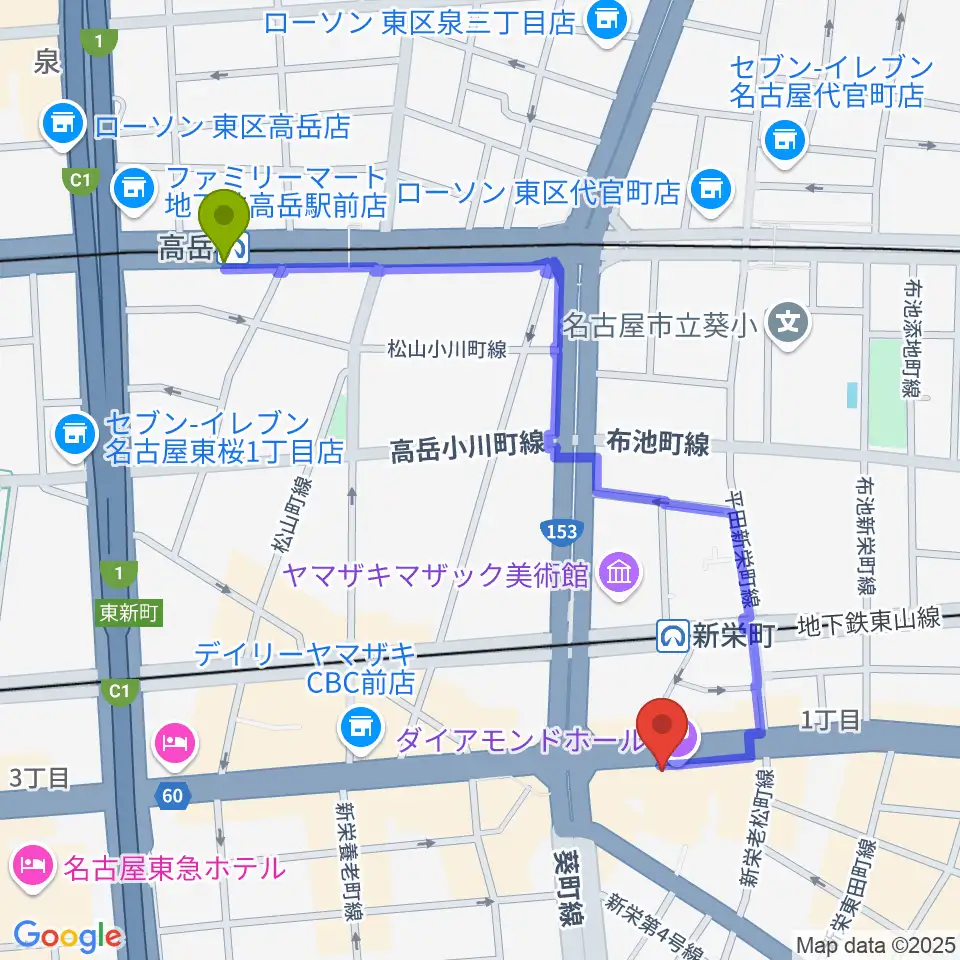 高岳駅から名古屋スペードボックス・ハートランドへのルートマップ地図