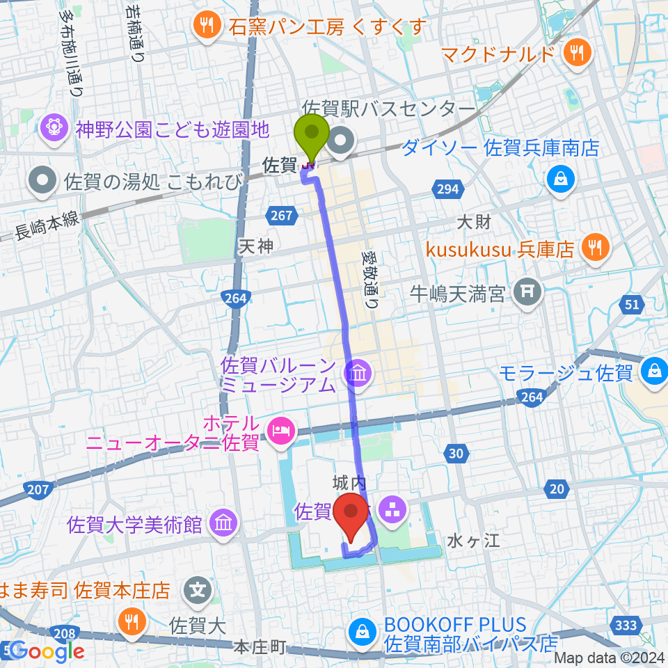 佐賀県立美術館の最寄駅佐賀駅からの徒歩ルート（約36分）地図