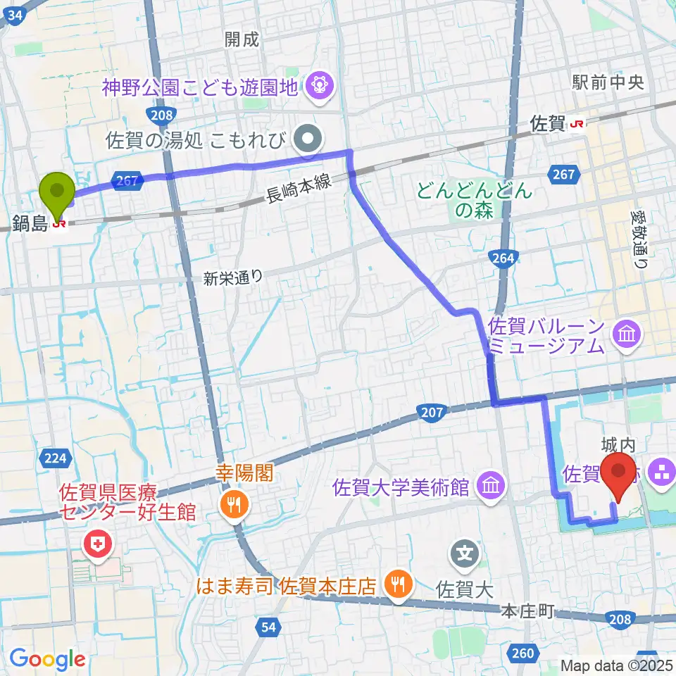 鍋島駅から佐賀県立美術館へのルートマップ地図