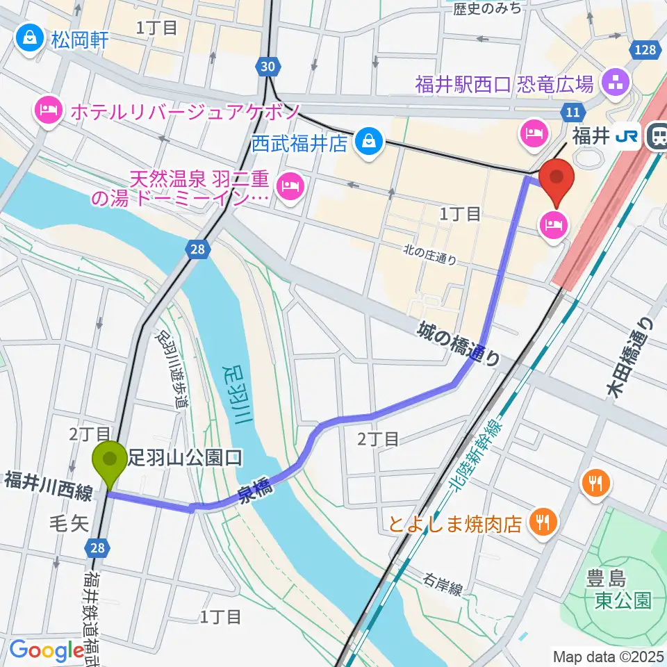 足羽山公園口駅からハピリンホール・ハピテラスへのルートマップ地図