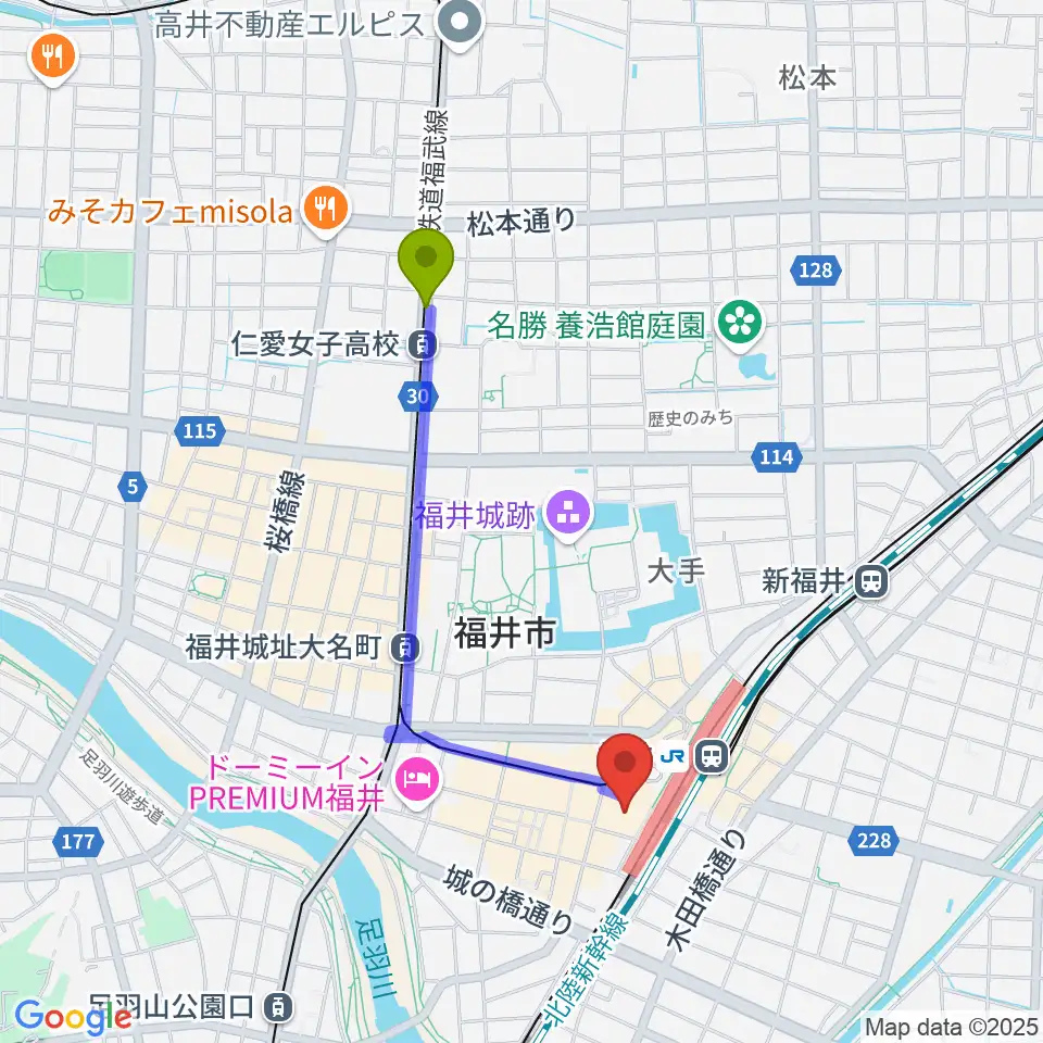 仁愛女子高校駅からハピリンホール・ハピテラスへのルートマップ地図