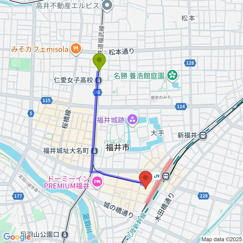 仁愛女子高校駅からハピリンホール・ハピテラスへのルートマップ地図