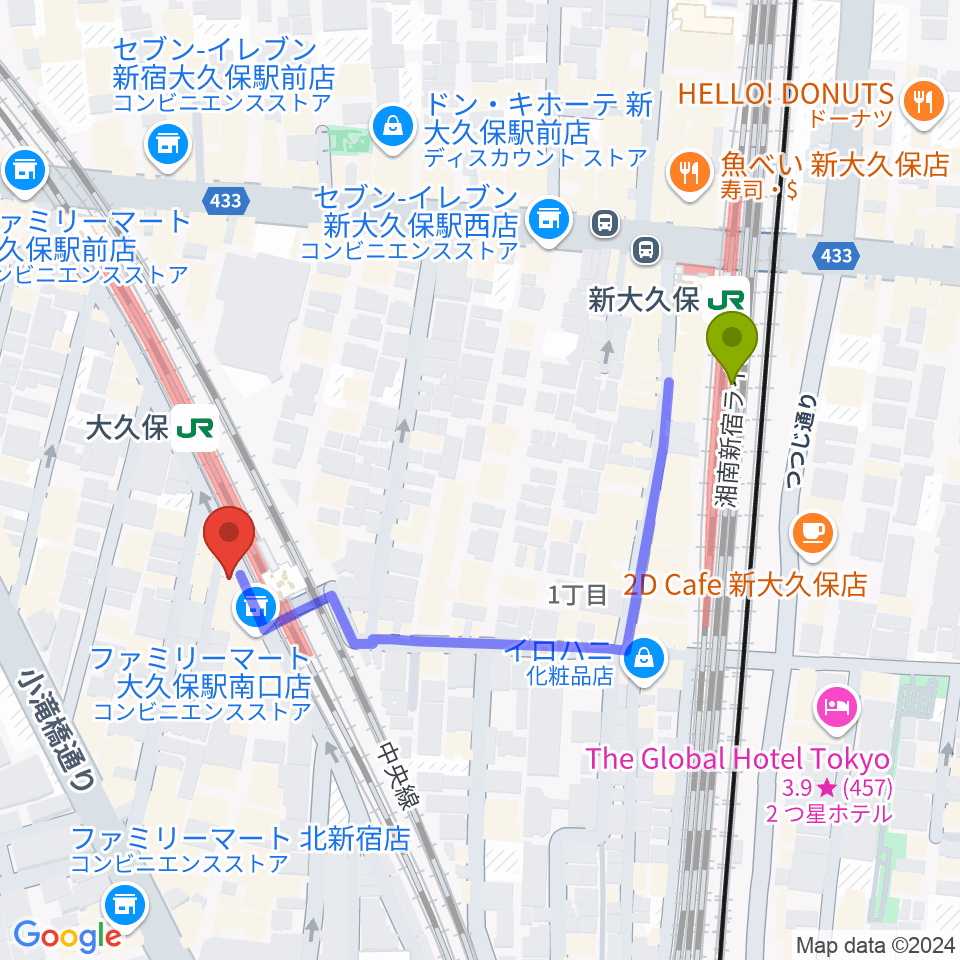 新大久保駅から大久保ひかりのうまへのルートマップ地図