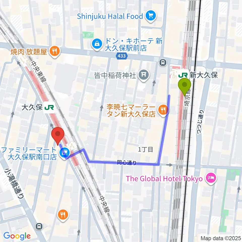新大久保駅から大久保ひかりのうまへのルートマップ地図