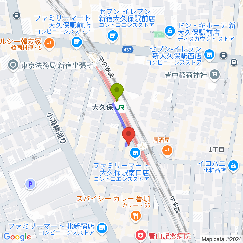 大久保ひかりのうまの最寄駅大久保駅からの徒歩ルート（約1分）地図