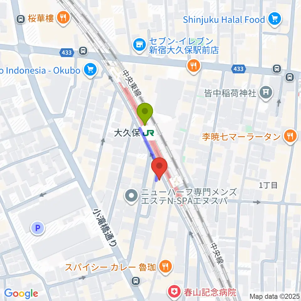 大久保ひかりのうまの最寄駅大久保駅からの徒歩ルート（約1分）地図