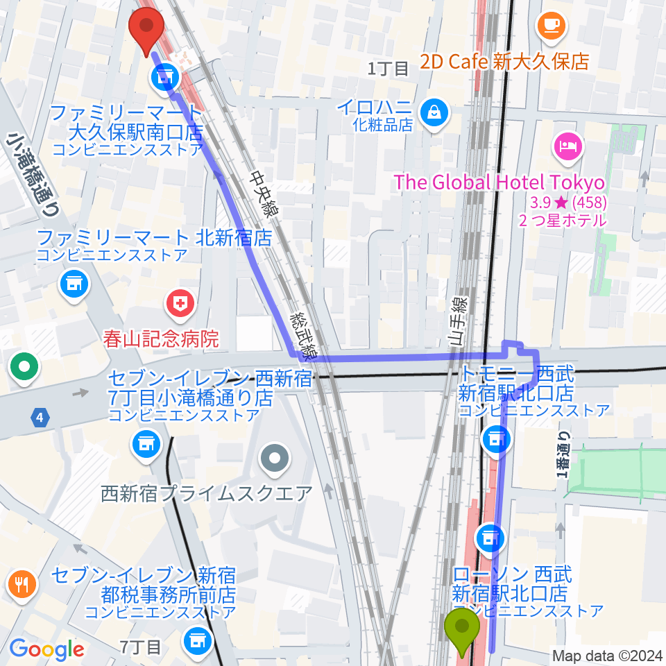 西武新宿駅から大久保ひかりのうまへのルートマップ地図