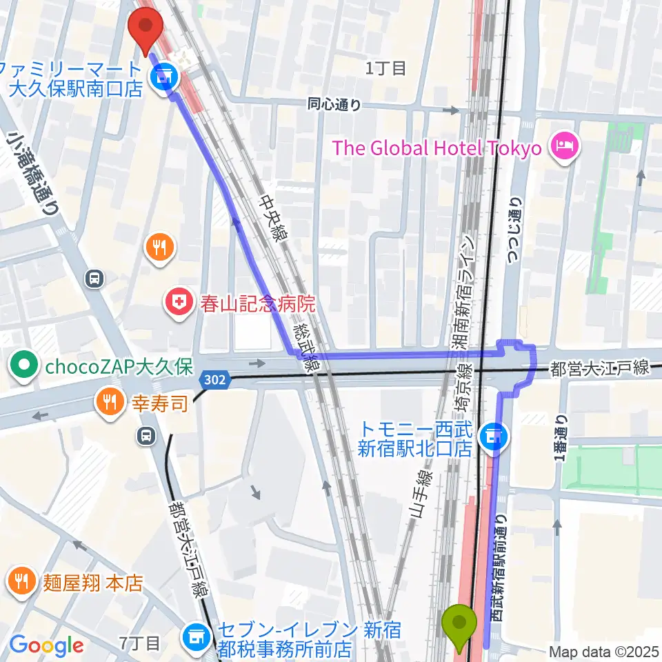 西武新宿駅から大久保ひかりのうまへのルートマップ地図