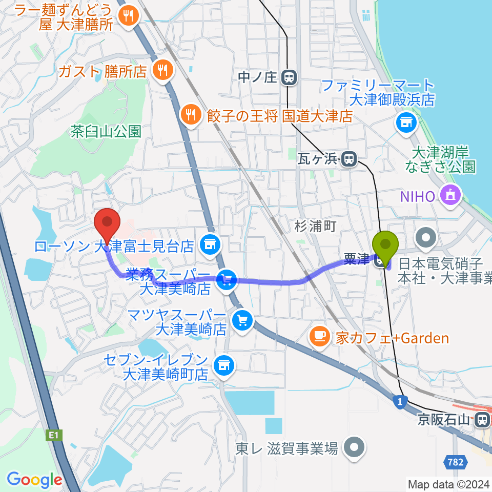 粟津駅から古矢ピアノ教室へのルートマップ地図