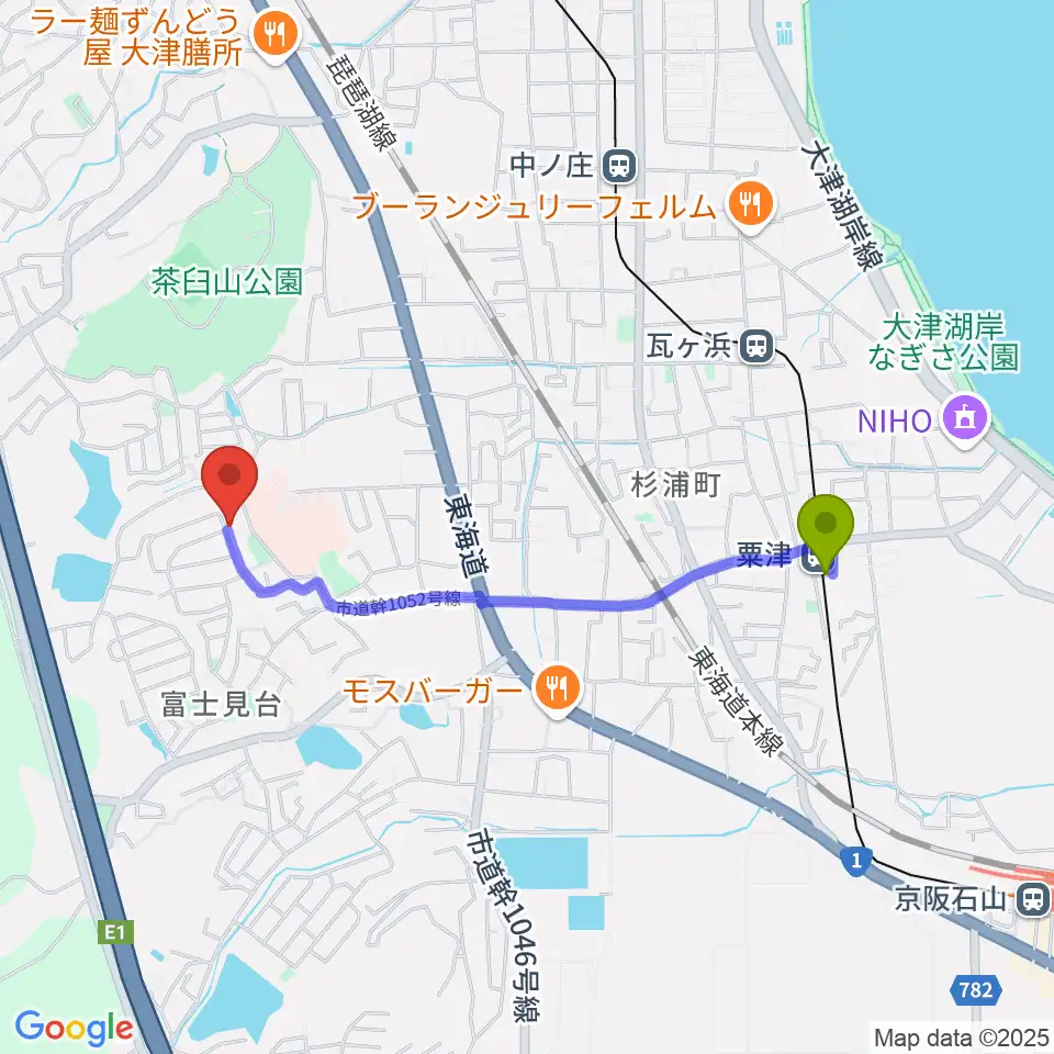 粟津駅から古矢ピアノ教室へのルートマップ地図