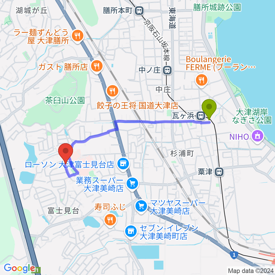 瓦ヶ浜駅から古矢ピアノ教室へのルートマップ地図