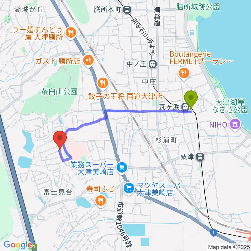 瓦ヶ浜駅から古矢ピアノ教室へのルートマップ地図