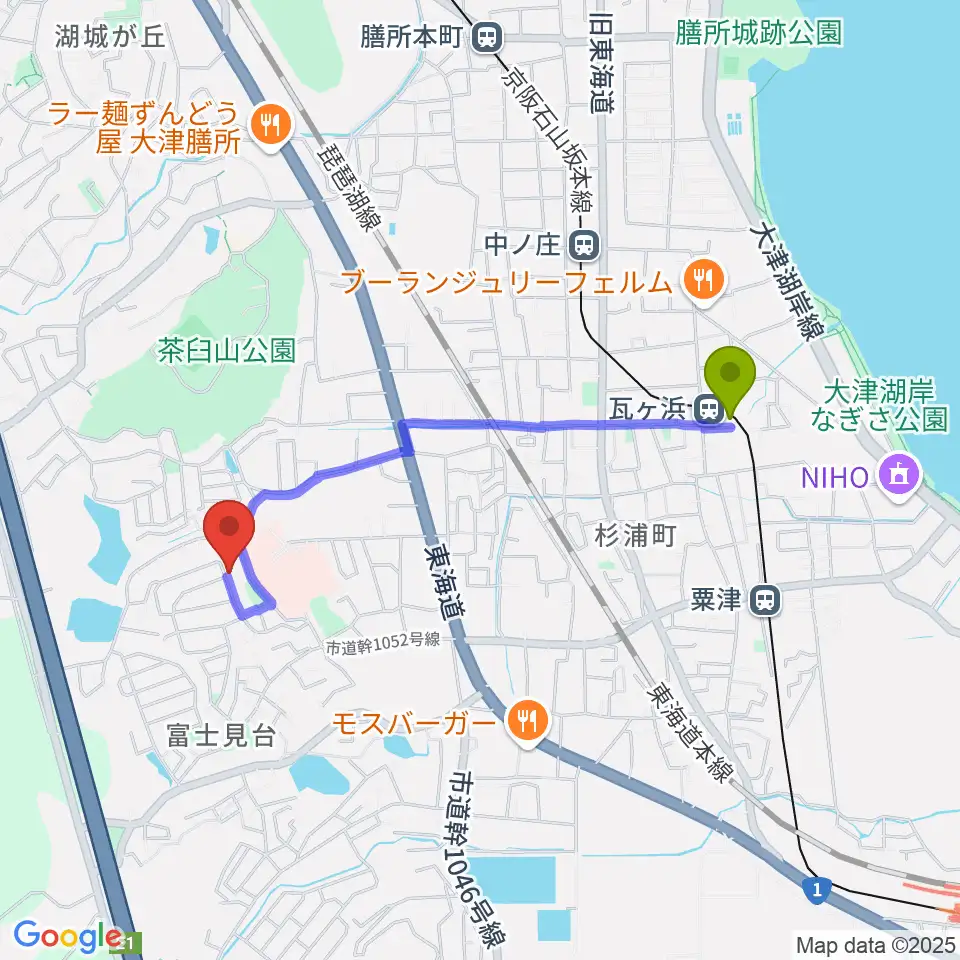 瓦ヶ浜駅から古矢ピアノ教室へのルートマップ地図