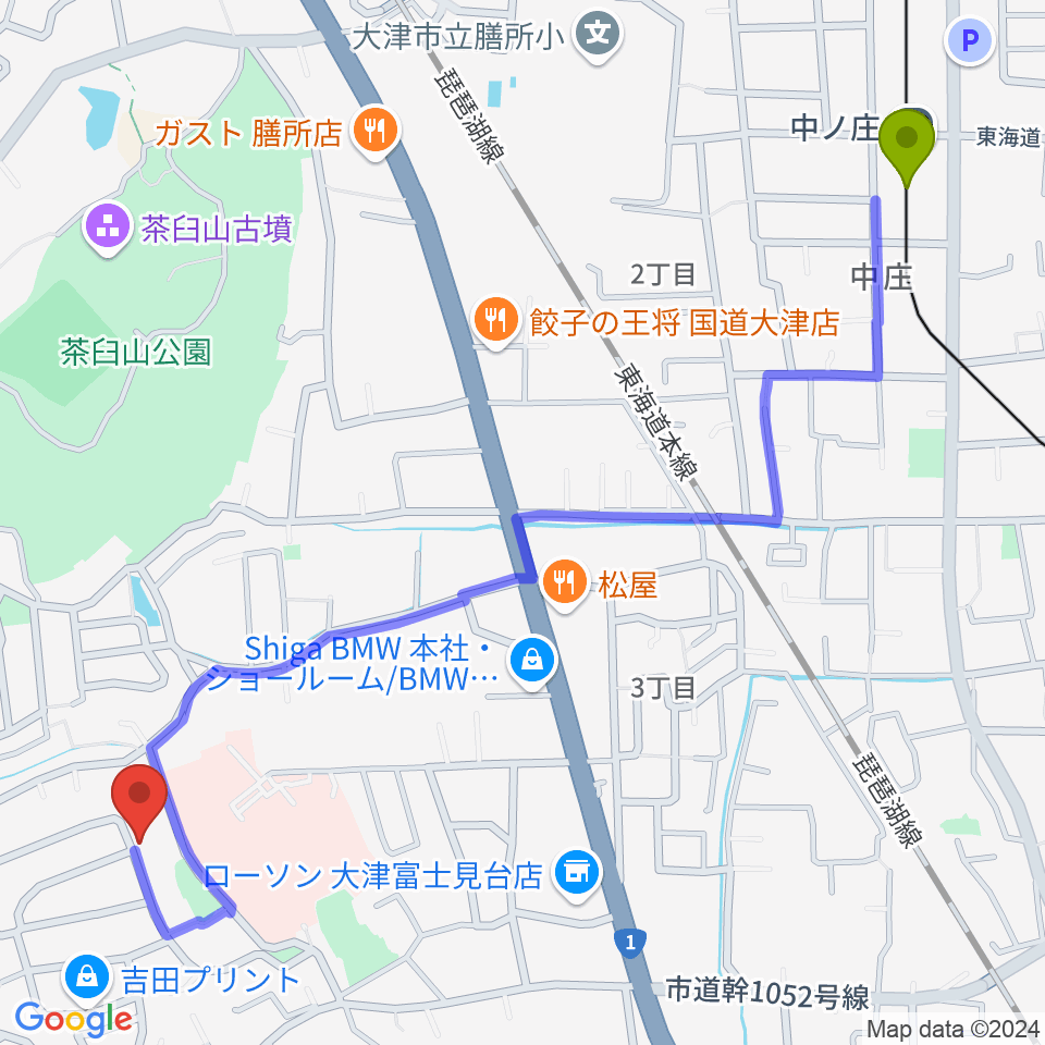 古矢ピアノ教室の最寄駅中ノ庄駅からの徒歩ルート（約15分）地図