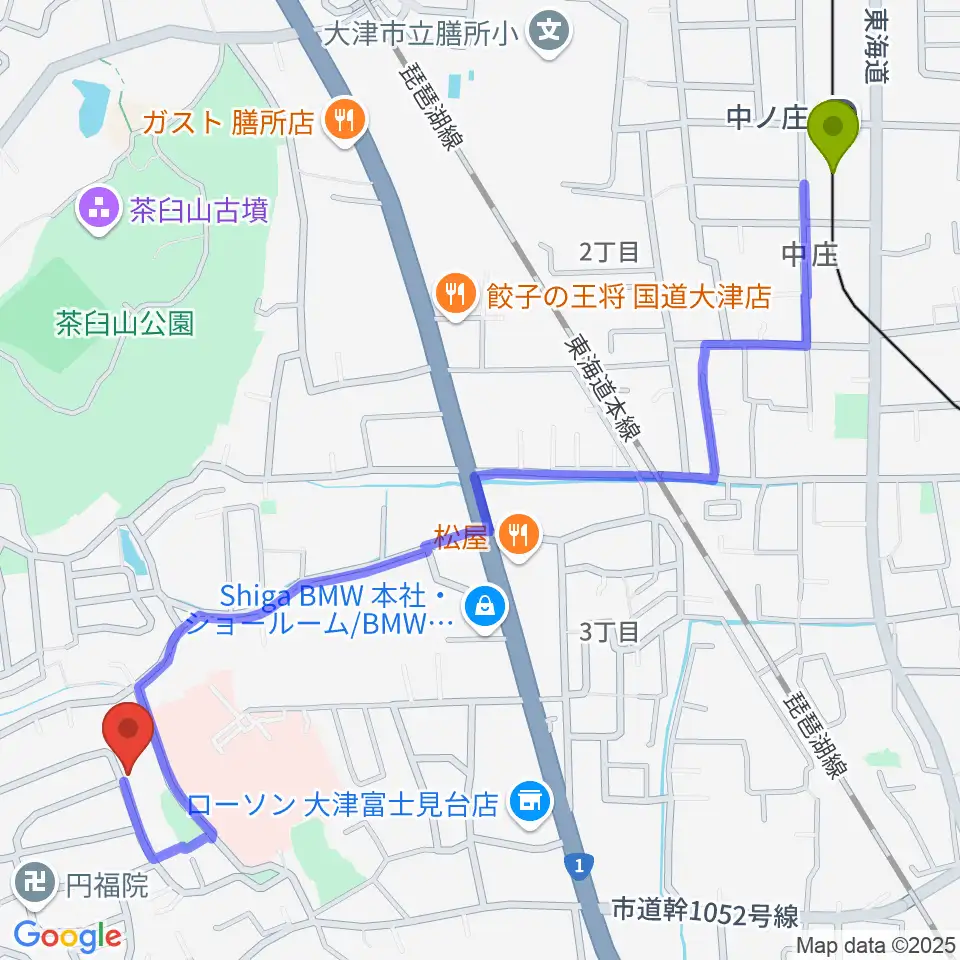 古矢ピアノ教室の最寄駅中ノ庄駅からの徒歩ルート（約15分）地図