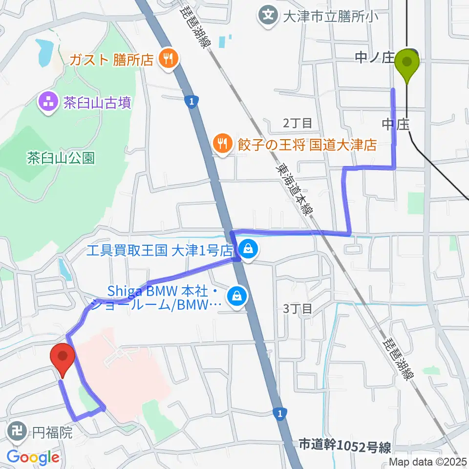 古矢ピアノ教室の最寄駅中ノ庄駅からの徒歩ルート（約15分）地図