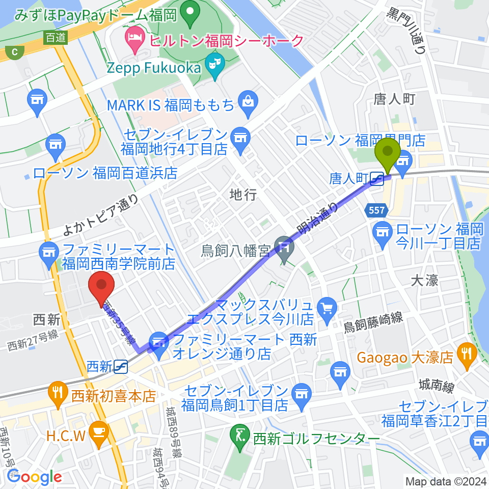 唐人町駅から西南コミュニティーセンターへのルートマップ地図