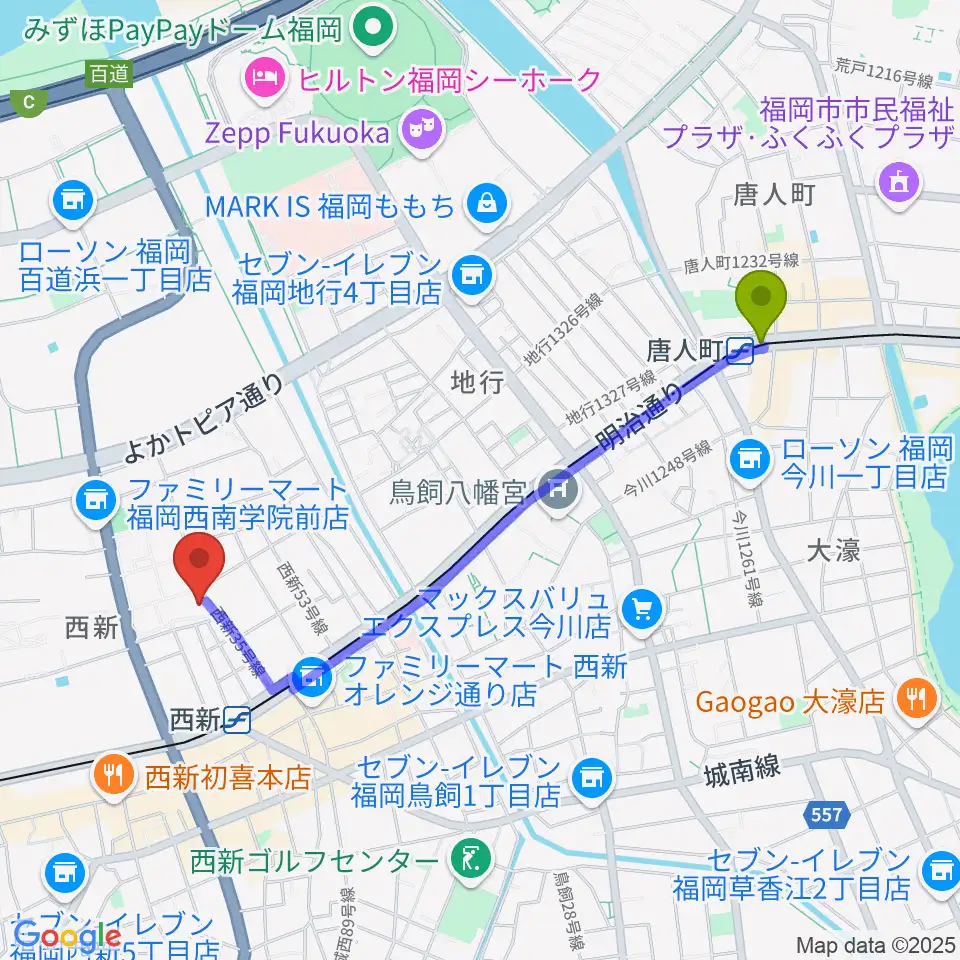 唐人町駅から西南コミュニティーセンターへのルートマップ地図