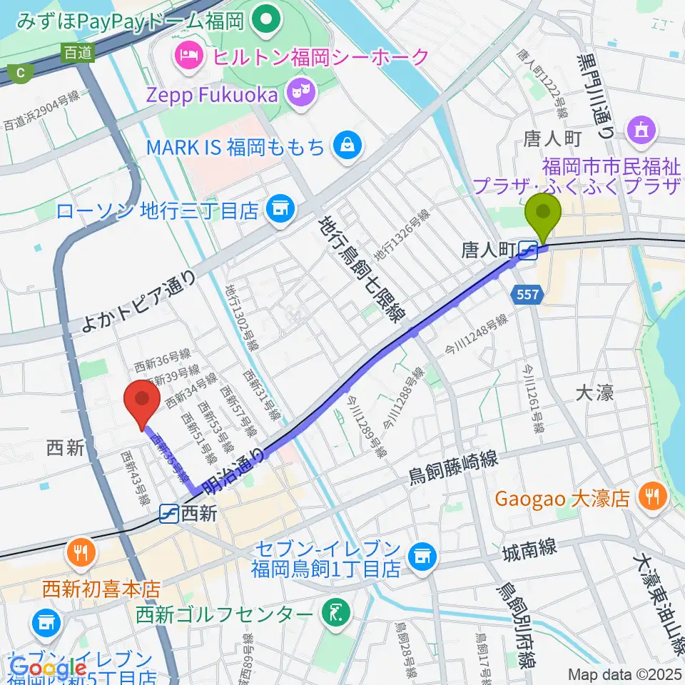 唐人町駅から西南コミュニティーセンターへのルートマップ地図