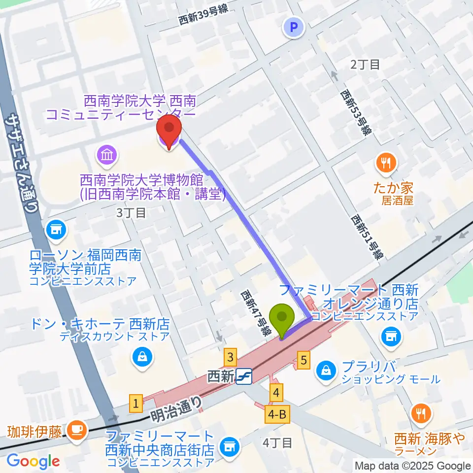 西南コミュニティーセンターの最寄駅西新駅からの徒歩ルート（約4分）地図