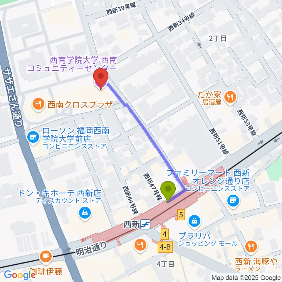 西南コミュニティーセンターの最寄駅西新駅からの徒歩ルート（約4分）地図