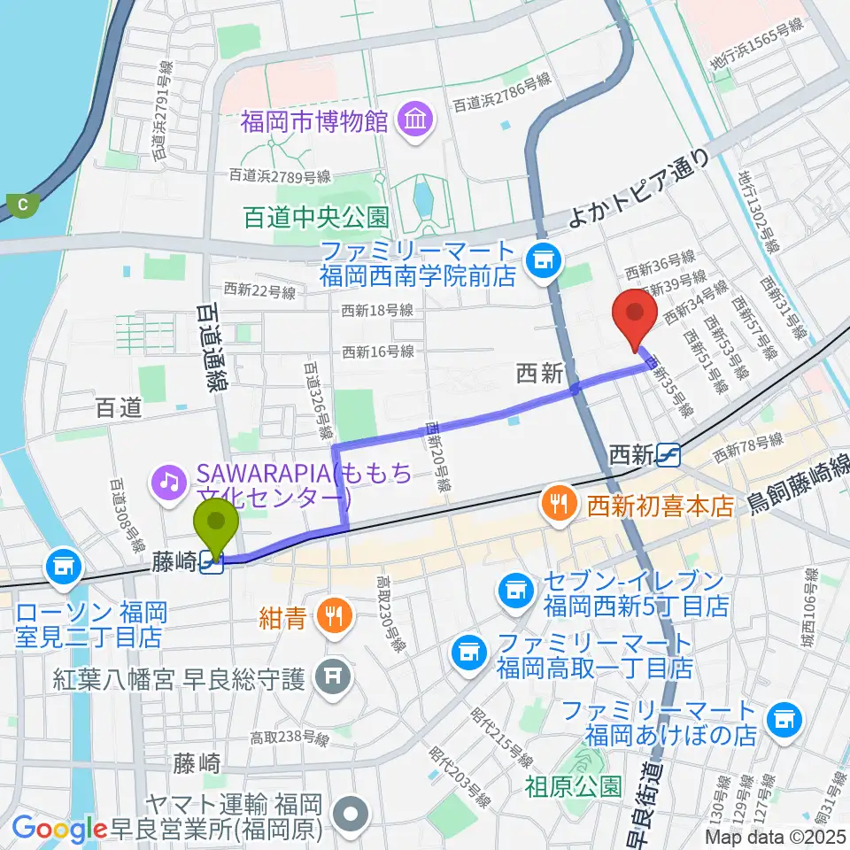 藤崎駅から西南コミュニティーセンターへのルートマップ地図